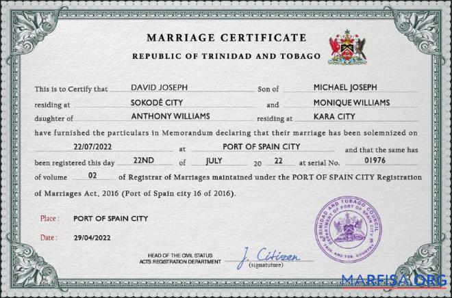 Printable Trinidad and Tobago marriage certificate PSD template